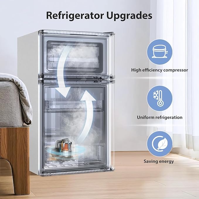 Kismile Mini Fridge with Freezer,3.2 Cu.Ft Compact Mini Refrigerator with Double 2 Door,Adjustable Temperature,Full Size for Home,Kitchen,Dorm,Apartment,Retro White