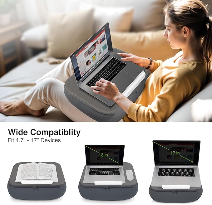 elitehood Bean Bag Laptop Lap Desk, Soft Cushion Stand for Book, Laptop, Tablet, Book Pillow Holder for Reading in Bed, Lap Desk Ideal for Working, Writing and Relaxation on Bed, Couch, Recliner, Gray