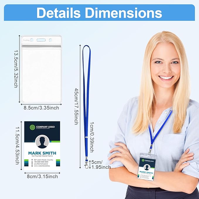 Fushing 50pcs Clear Plastic Vertical Name Tags Badge ID Card Holders and Blue Neck Lanyards with Swivel Hook for School, Festival, Event (L)