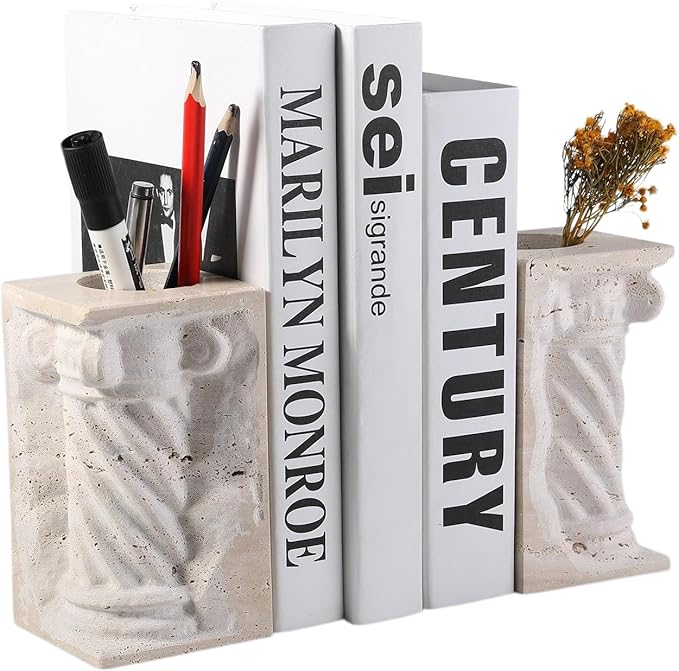 Roman Column Book Ends Decorative, 4-in-1 Heavy Duty Marble Bookend for Shelves, Unique Pen Holder & Mini Flower Vase, Classic Greek Statue for Office Home Desk Decor (2PC, Beige)
