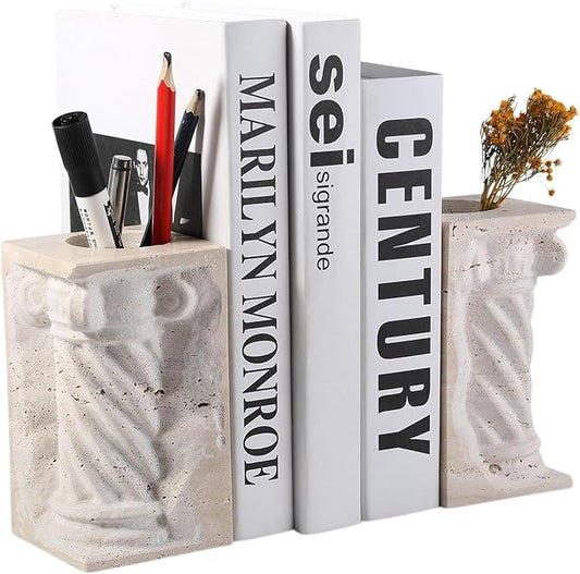 Roman Column Book Ends Decorative, 4-in-1 Heavy Duty Marble Bookend for Shelves, Unique Pen Holder & Mini Flower Vase, Classic Greek Statue for Office Home Desk Decor (2PC, Beige)