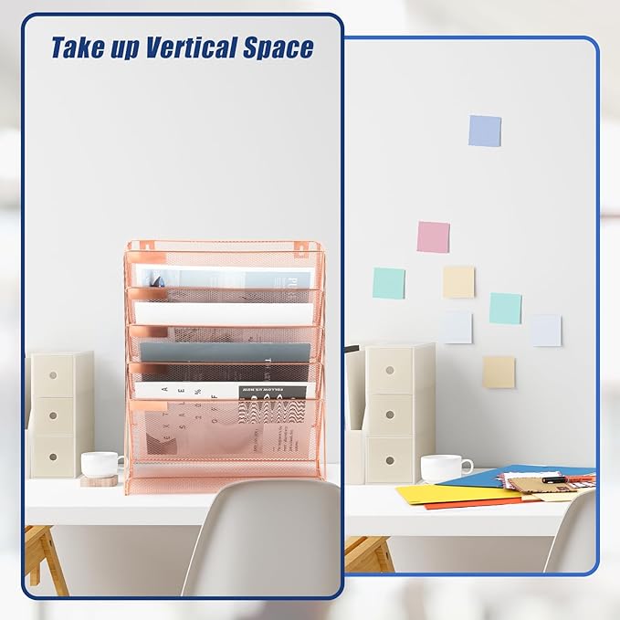 EASEPRES Desk File Organizer Mesh 6-Tier, Hanging Wall Mount Document Organization Stand, Desktop Vertical Mail Paper Folder Holder Rack with Bottom Tray for Office Home Cubicle Countertop, Rose Gold