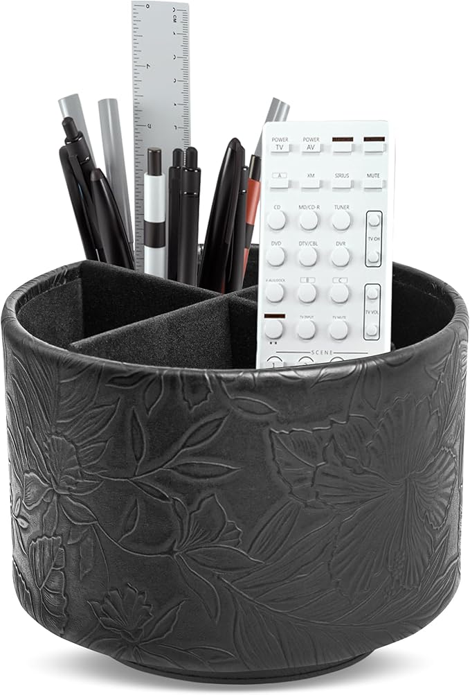 Hennaja Round Leather Art Supply Organizer,Remote Control Holder,360 Degree Spinning,Multi-Functional Pencil Holder,4 Compartments Desktop Stationary Organizer(1-Carved Black)