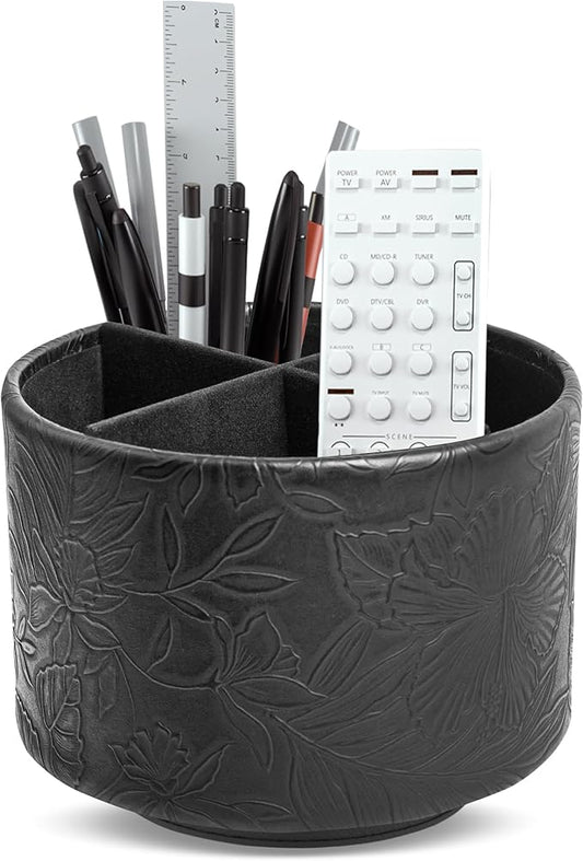 Hennaja Round Leather Art Supply Organizer,Remote Control Holder,360 Degree Spinning,Multi-Functional Pencil Holder,4 Compartments Desktop Stationary Organizer(1-Carved Black)