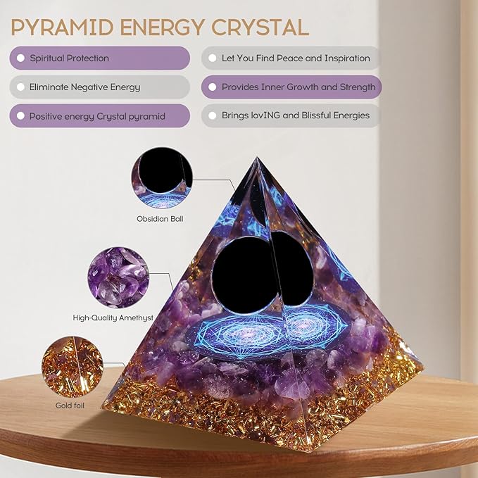 Hopeseed Orgone Pyramid for Positive Energy, Orgonite Amethyst&Obsidian Healing Crystal Pyramids for Reduce Stress Chakra Reiki Healing Meditation Attracts Lucky and Success