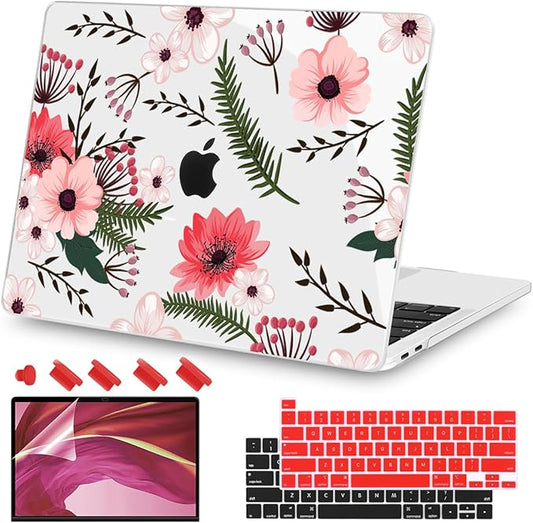 Teryeefi Compatible with M2 M1 MacBook Pro 13 Inch Case A2338 A2289 A2251 A2159 A1989 A1706 A1708 (2024 20203 2022-2016), Hard Shell Case & Keyboard Cover for Mac Pro 13" - W-Floral Pattern