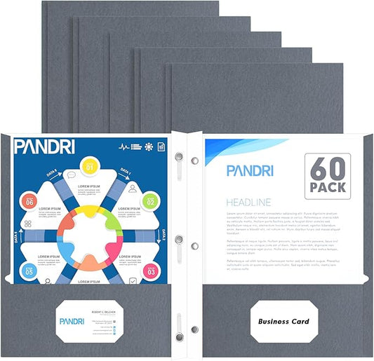 Two Pocket Folders, PANDRI 60 Pack Two Pocket Folders with Prongs, 3 Prong Folders Designed for Office and Classroom, Letter Size Grey