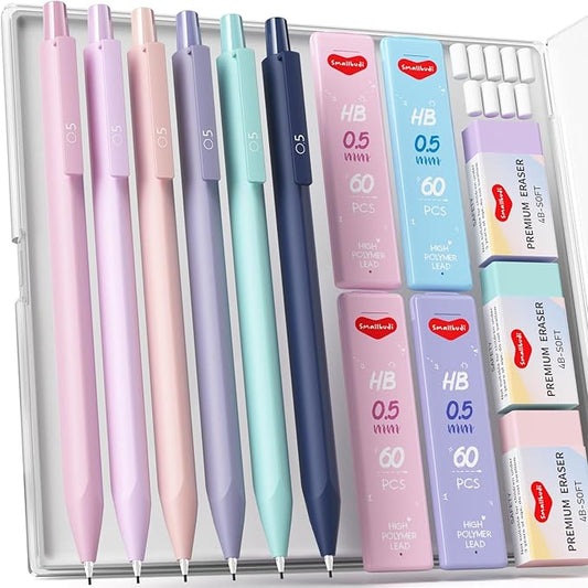 6PCS 0.5mm Mechanical Pencils Set with Case, Cute Pastel Mechanical Pencil with 240PCS HB Lead Refills, 3 Erasers, Aesthetic Back to School Supplies for Student Writing Drawing Sketching