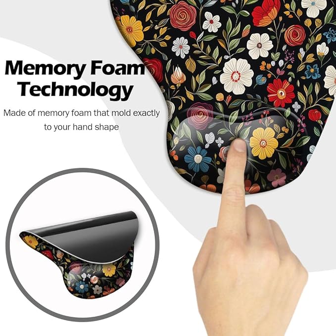 Ergonomic Mouse Pad with Wrist Support,Mouse Pad with Wrist Rest and Coaster Set,Office Supplies Non-Slip Mouse Pads for Desk, Non-Slip Comfortable,Black Floral