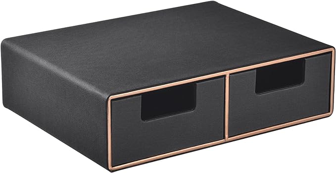 Linen Leather Desk Organizer and monitor stand with Drawers－Mini Desktop Drawer Organizer Stackable－Tabletop Organization Storage Box for Office Supplies Home Vanity Toiletries (Black, 2-drawers)