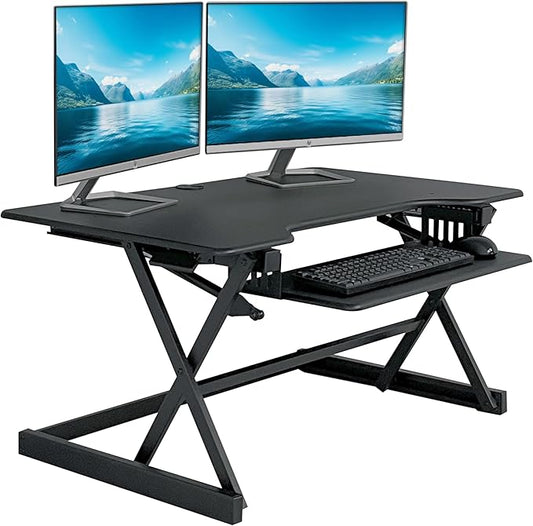 Rocelco 40" Height Adjustable Standing Desk Converter with AC Outlet and USB Charger - Gas Spring Sit Stand Up Dual Monitor Tabletop Riser Workstation - Large Keyboard Tray - Black (R DADRB-40-ACUSB)