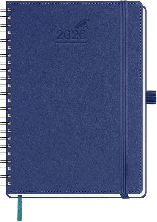 BEZEND 2026 Planner Weekly and Monthly (6" x 8.5" Spiral) Daily Calendar with Half-Hourly Timeslots & Tabs (Jan-Dec) Note & Expenses, Pen Holder, Inner Pocket, Vegan Leather Softcover - Blueberry