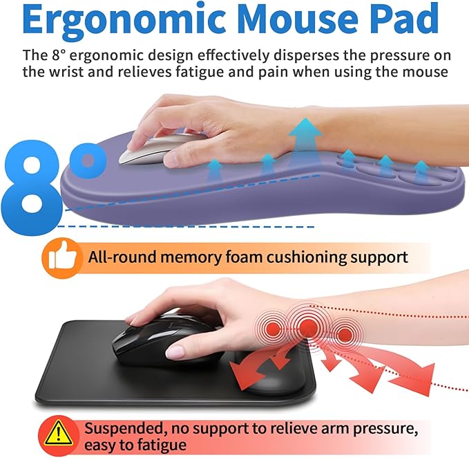 YIWEI Ergonomic Mouse Pad with Wrist Rest Support, Mousepad with Comfortable Memory Foam Wrist Rest and Non-Slip PU Base for Pain Relief, Computer, Laptop, Office, Home (Purple)