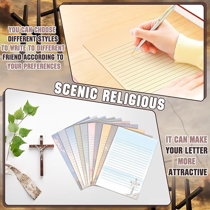 TaoBary 160 Pcs Stationery Paper Set 50 Double Sided Stationery Papers with 50 Matching Envelopes and 60 Round Dot Sticker, 10 Design(Religious Letter with Cross,5.5 x 8.25 Inch)