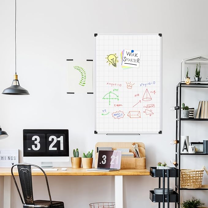 XBoard Magnetic Dry Erase Board with Lines 48 x 36 Inch, 4' x 3' Double Sided Hanging White Board Planner for Wall | Grid Lined White Board + Message Presentation Board