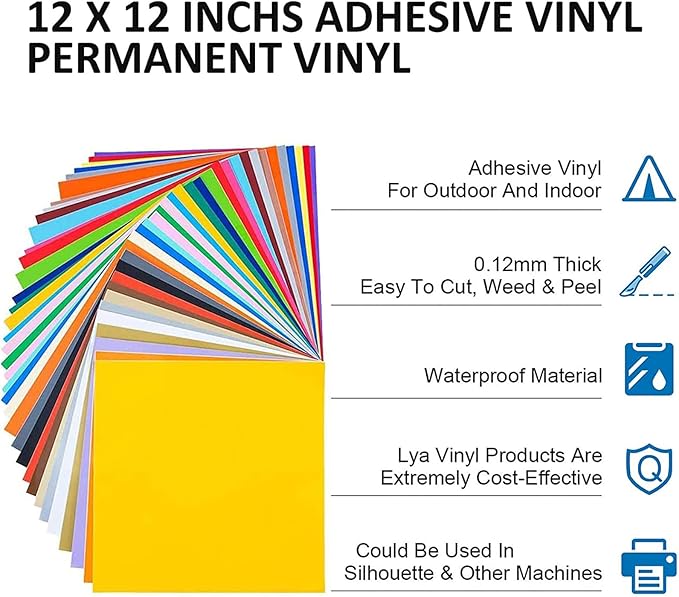 LYA Vinyl 130 Pack Permanent Vinyl - 12 "x12 Self Adhesive Vinyl Sheets，120 Sheets & 10 Transfer Tape Sheets for Cutting Machines and Decor Sticker