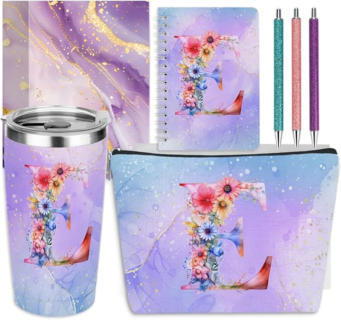 Personalized Gifts Monogrammed Birthday Gifts for Women, Daughter Bestie Friendship Christmas Initial 20 oz Tumbler, Makeup Bag Cup Ballpoint Pens Journal Notebook 6 Set, (Aesthetic Purple Flower E)