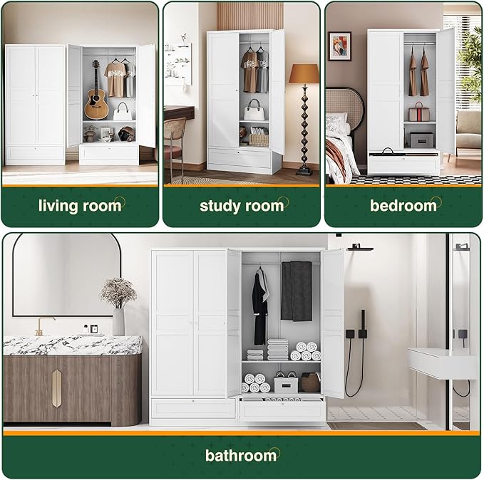 Letaya Wardrobe Closet,72" H Clothing Metal Storage Cabinet with Storage Drawer Adjustable Shelves and Hanging Rod,Bedroom Armoire Cabinet Clothes Organizer (White)