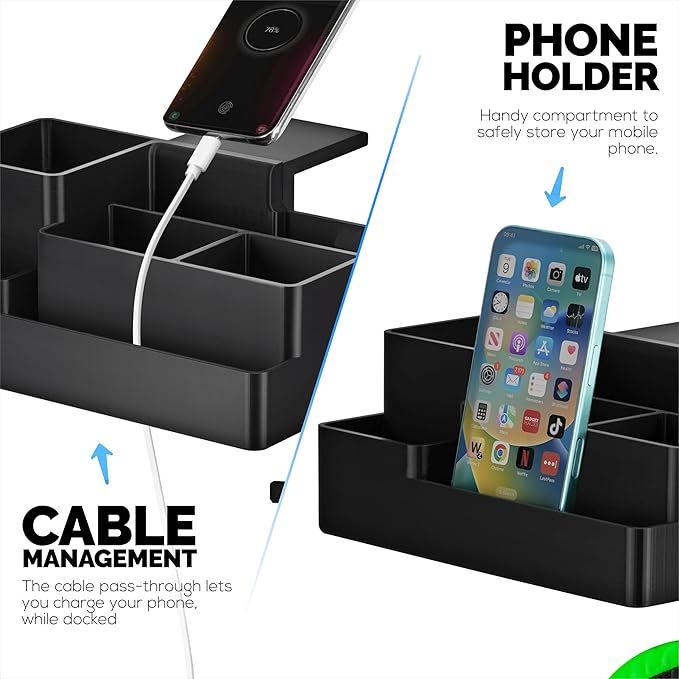 BRAINWAVZ Stationary Pen Holder with Headphone Hanger, Hobby Craft Home Office Organizer for Side of Desk, Shelves - Easy To Install, Adjustable Clamp