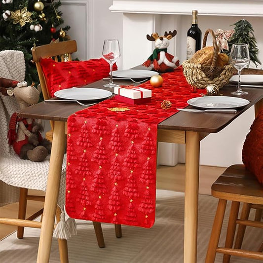 Christmas Table Runner 13x108 Inch, Xmas Trees Star Winter Holiday Decorative Farmhouse Table Decorations for Kitchen Dinning, Indoor Outdoor Dinner Party Decor (Red) 1Pack