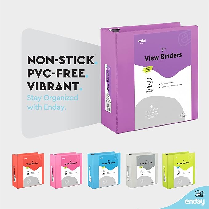 3 Slant D-Ring Binder 3 Inch Purple, 3 in Clear View Cover with 2 Inside Pockets Binder, Heavy Duty Colored School Supplies Binders,Also Available in Green, Grey, Red, Blue, Pink (24 PC) – by Enday