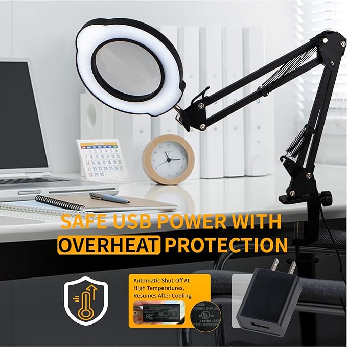 12X Magnifying Glass with Light and Clamp, 84 LEDs 5 Color Modes Stepless Dimmable LED Desk Lamp, Desk Magnifying Glass with Light for Crafts Reading Painting Sewing Repair Close Work