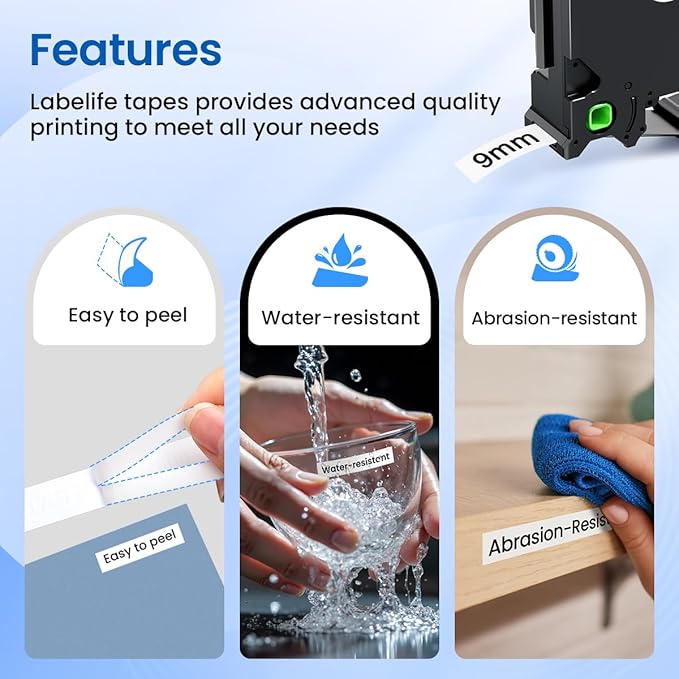 Labelife TZe-221 Label Maker Tape 9mm Compatible with Brother P Touch Label TZe TZ Tape 9mm 0.35 Laminated White 3/8 Inch TZe221 for Brother Ptouch PT D210 PTD220 PT-D200 PT-H110 PTD400,5-Pack