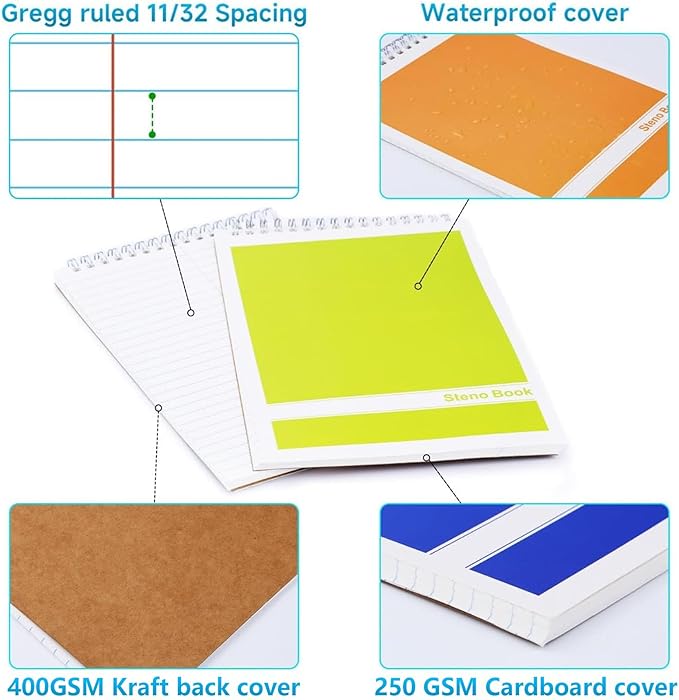 24 Pack Steno Pads 6x9 Spiral Notebooks Bulk 12 Assorted Colors Note Pads 60 Sheets Gregg Rule Writing Paper, Steno Notebooks for Students Teachers Men Women Professionals Office School Recording