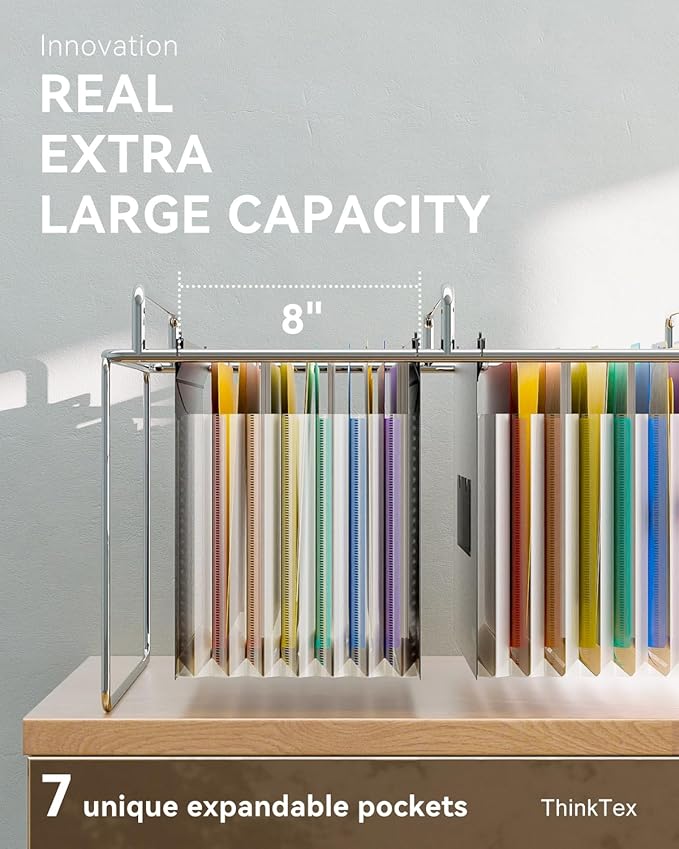 ThinkTex Plastic Expanding Hanging File Folders, 7 Innovative 1.2" Accordion Pockets, Large Capacity, Multi-Color Tabs, Legal Size for Filing Cabinet - 1 Pack