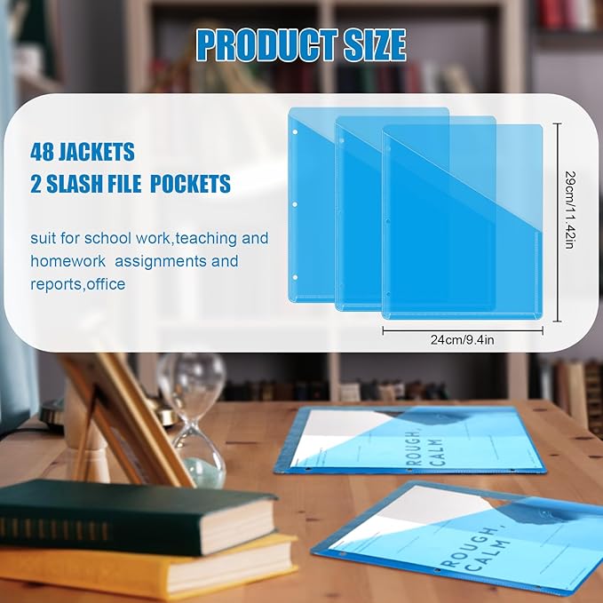 Seajan 48 Pcs Pocket Folders for 3 Ring Binder Clear Plastic Folders Sleeves with 2 Pockets 3 Hole Punch Binder Dividers Poly Slash File Jackets for Office School Document Organizer (Blue)