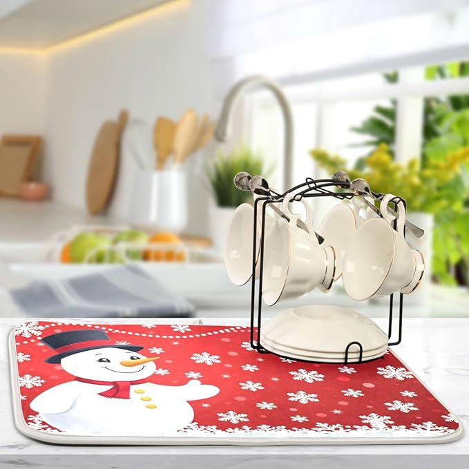 Christmas Snowflakes Snowman Dish Drying Mat 18 X 24 Inch Xmas Snowmen Winter Santa Stars Dry Dishes Pads Tableware Mats Protector for Kitchen Countertops Counter Home Decorations