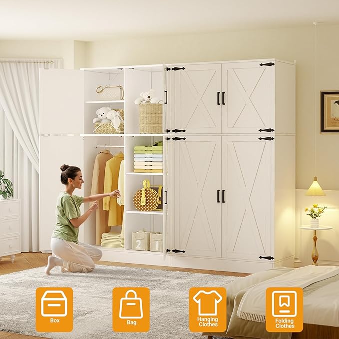Unikito 71'' Farmhouse Wardrobe Closet with Hanging Rod, 4 Barn Door Clothing Storage Cabinet with Adjustable Shelves, Freestanding Wardrobe Cabinet for Bedroom, Living Room, Cloak Room, Office, White