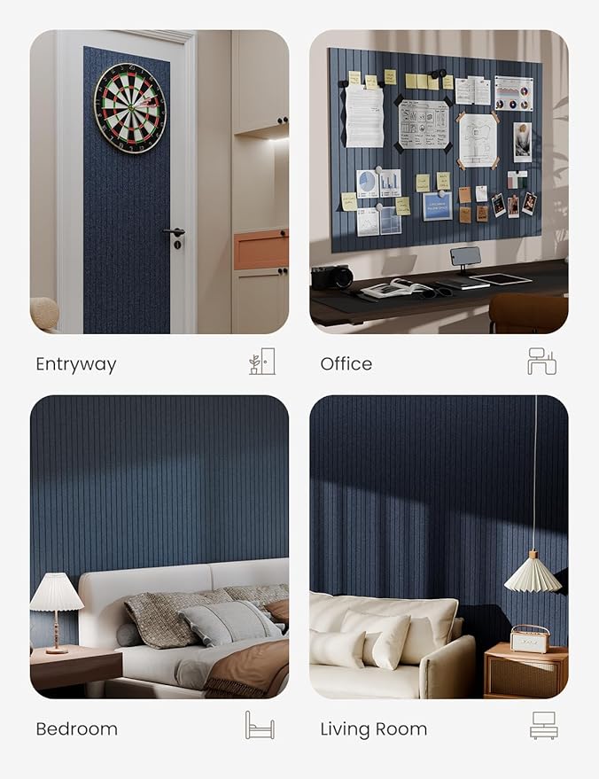 Bumusty Large Cork Board Alternative-47 x35 Felt Bulletin Board Tiles, with 30 Pushpins, 70 Adhesive Tabs, 12-Pack Slat Wall Paneling, Cork Boards for Office Push Pin Board Felt Board-Denim Blue