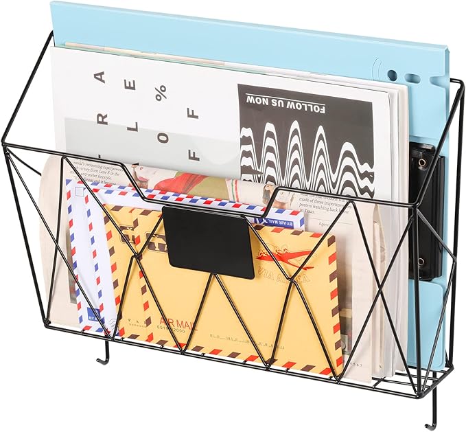 YBING Wall File Organizer for Office Hanging Wall File Holder and Basket Set of 3 Hanging File Rack with Hooks Metal Wall Storage for Office Living Room Black