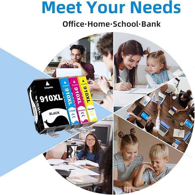 910XL Ink for 910XL Ink Cartridges Combo Pack Replacement Work with OfficeJet 8015e 8022e 8010 8022 OfficeJet Pro 8025e 8028e 8035e 8020 8025 8028 8030 8035 Printers 4 Pack (Black Cyan Magenta Yellow)