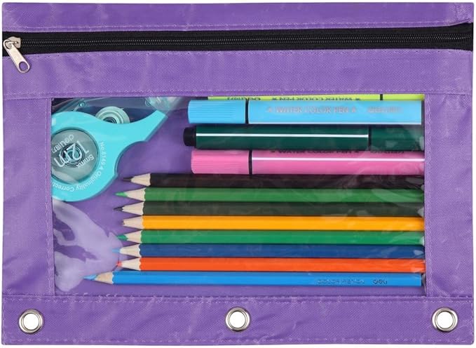 24 Packs 3 Ring Binder Pen Pencil Case Pouch Bulk Set Stationery Bag for School Class Office Purple