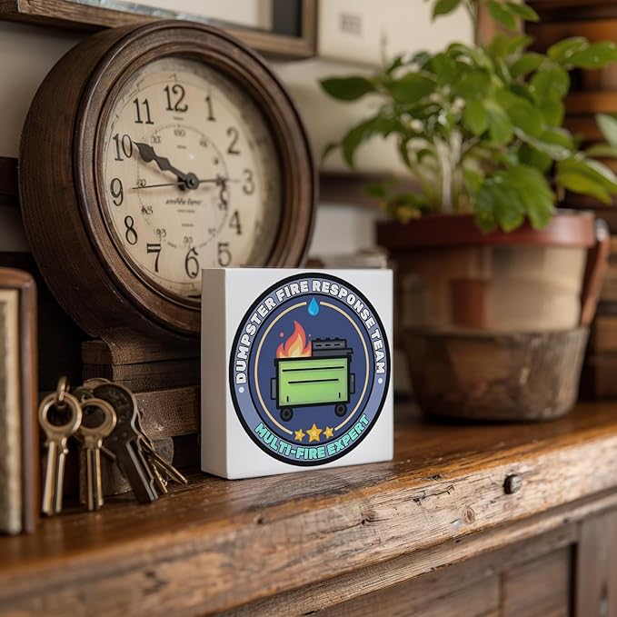 Funny Dumpster Fire Desk Decor Sign, Multi-Fire Expert Wooden Box Sign for Home Office Shelf Table, Fuuny Gifts for Women Men Coworkers Friends Employees, 5x5 Inch,AA089