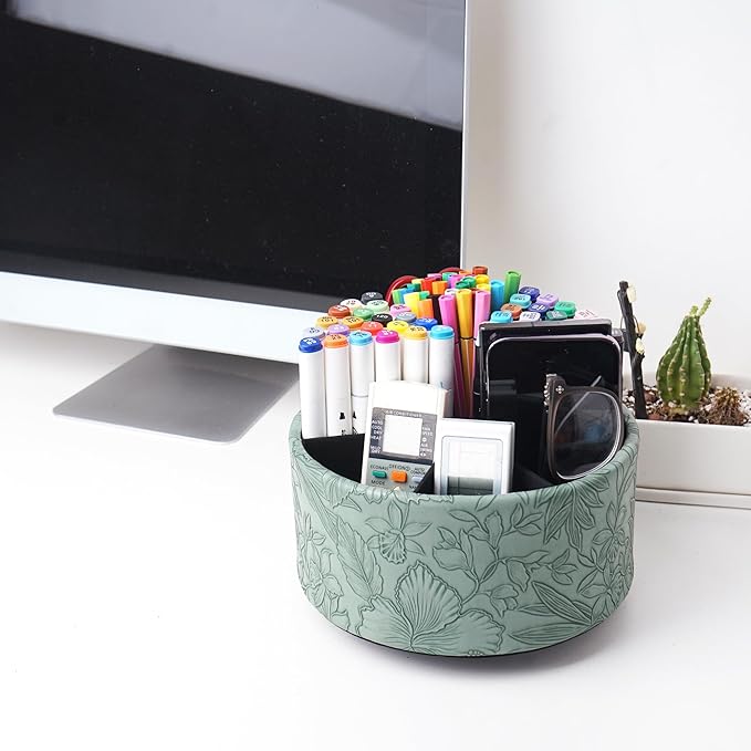 Hennaja Remote Control Holder, 360°Spinning PU Leather Desk TV Remote Caddy,Desk Storage Box Room Accessories for Controller, Media,Mail,Calculator, Mobile Phone,Pencil(1-Carved Green2)