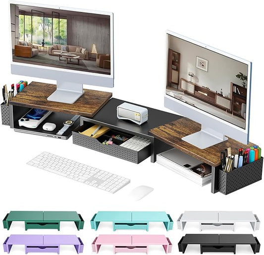 gianotter Dual Monitor Stand Riser, Desk Organizer With Drawer and 2 Pen Holders,Computer Monitor Stand, Desk Shelf for Top of Desk, Wood