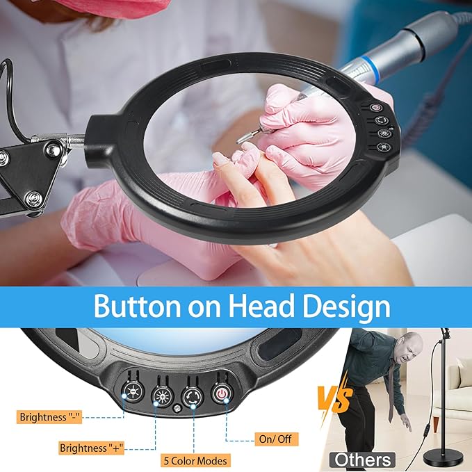 12X Floor Magnifying Glass with Light and Stand, 5.2" Large Floor Lamp Magnifier with 5 Color Modes 10 Dimmable Brightness, Hands Free Lighted Magnifying Glass with Clamp for Close Work Sewing (Black)