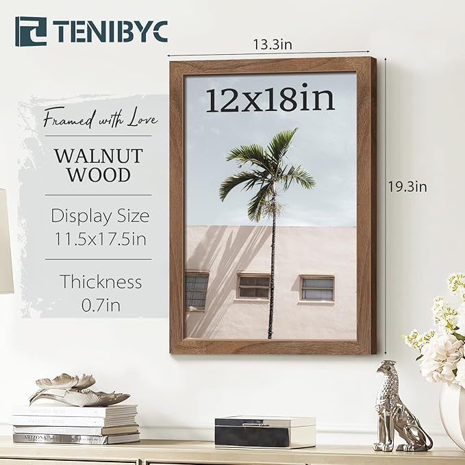 12x18 Walnut Picture Frame Set of 3 with HD Glass - Natural Brown, Solid Wood Poster Frame, Wall Hanging