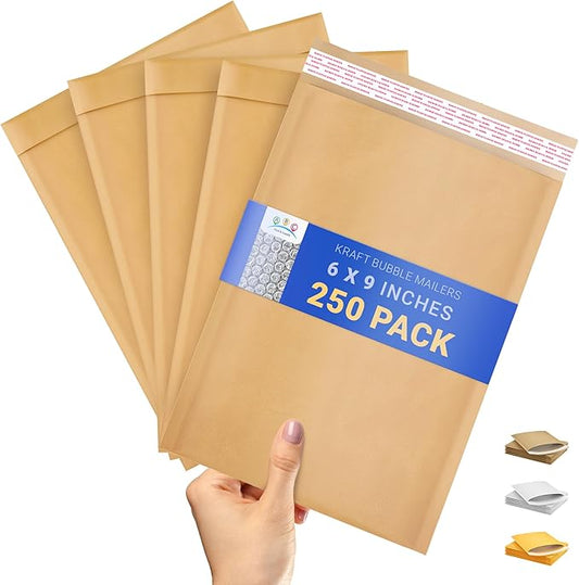 ABC PACK & SUPPLY Brown Kraft Bubble Mailer Envelopes, 6 x 9 Inches. 250 Pack Mail Padded Envelopes Self Seal. Kraft Bubble Mailers. Tear-Resistant Mailing Envelope Padded. Sturdy Paper Mailer