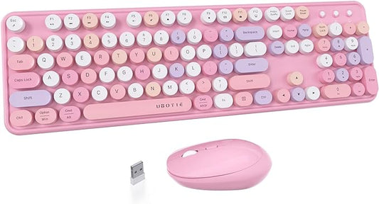 UBOTIE Colorful Computer Wireless Keyboard Mice Combo, Retro Typewriter Flexible Keys Office Full-Sized Keyboard, 2.4GHz Dropout-Free Connection and Optical Mouse (Pink-Colorful)