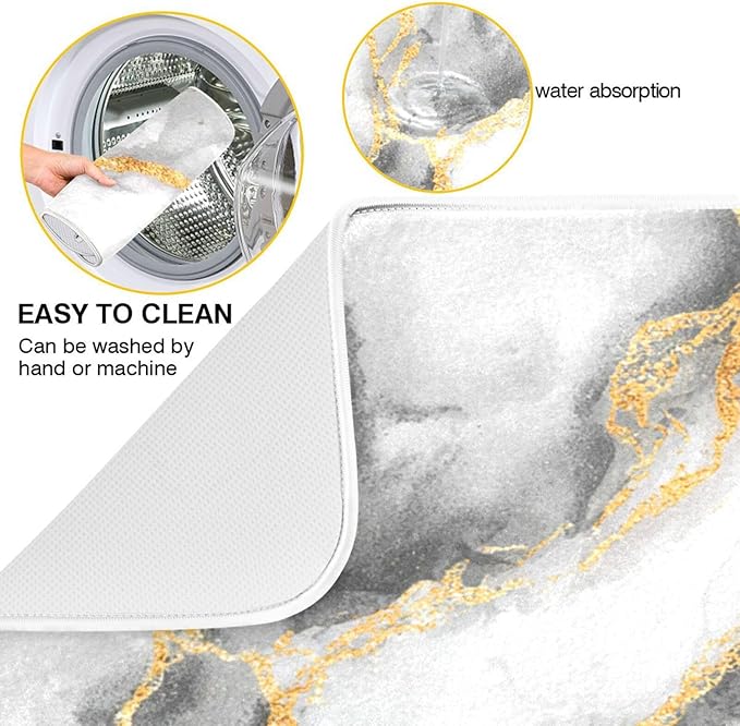 White Marble Dish Drying Mat for Kitchen Counter 16 x 18 Inch Gold Marbling Granite Absorbent Microfiber Dry Dishes Mats Drainer Mat Dish Drying Pad for Countertops