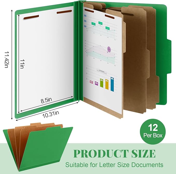 Skyygemm 12 Pcs Classification Folders Letter Size, 3 Divider Pressboard File Folder with Fasteners, Expanding File Organizer Bulk for Teachers, Clergy, Office, Church, Christmas Donations (Green)