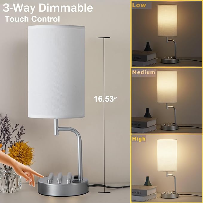 Dreamholder Touch Control USB Table Lamp, Upgraded 3-Way Dimmable Bedside Desk Lamp with USB C & A Charging Ports and AC Outlet, Nightstand Lamp for Bedroom, Dimmable Bulb Included, Silver