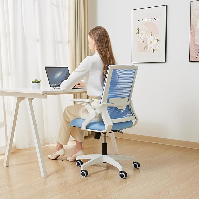 Ergonomic Office Chair Desk Chair with Adjustable Height Mesh Computer Chair Swivel Chair with Flip-up Arms and Lumbar Support Blue