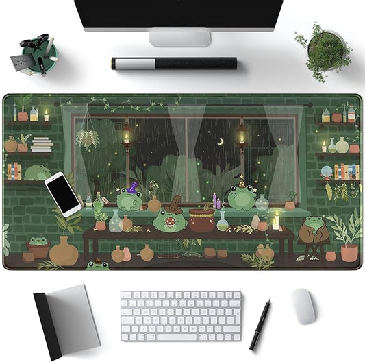 Cute Desk Mat Kawaii Frog Mouse Pad Green Desk Anime Mat Large Gaming Mouse Pad Desk Computer Keyboard Pad Desk Home Office Accessories Girl Stitched Eges (31.5x15.7 in) WER236