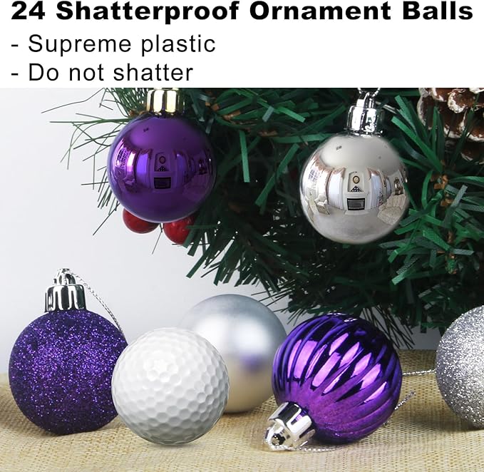 Purple & Silver 1.6" Small Christmas Balls Christmas Tree Decoration Ornaments Shatterproof Hanging Balls for Birthday Halloween Holiday Wedding Decorations Set of 24pcs