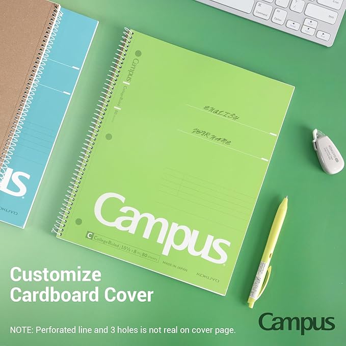 KOKUYO Spiral Notebook, 3 Pack Campus 10-1/2" x 8" Subject Notebooks with College Ruled, 80 Sheets, Pink Blue Green 3 Holes School Spiral Journal for Work Study Note Taking (WSG-SU-400G1×3)